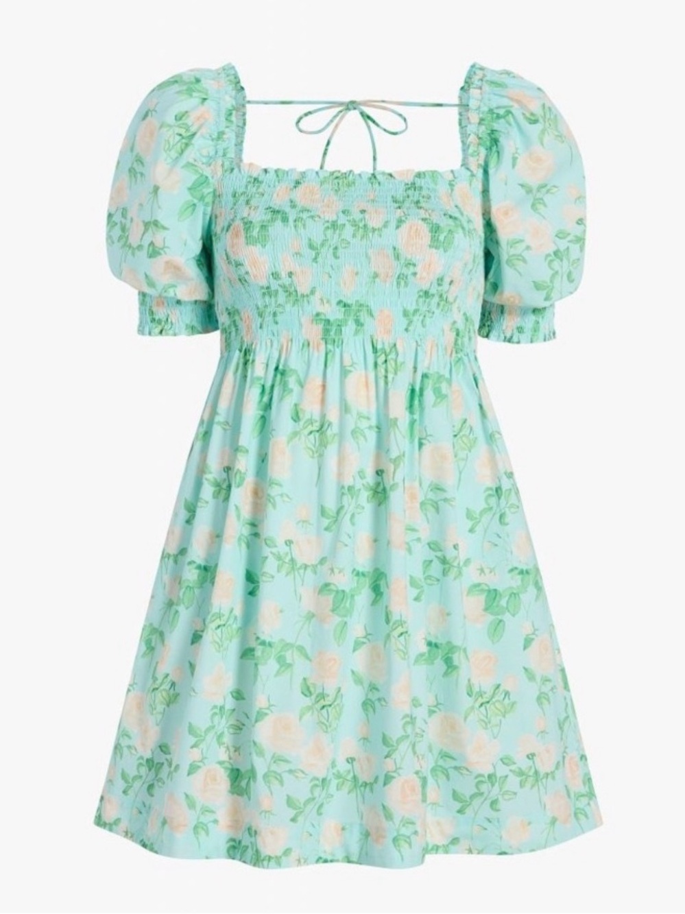 Hill House Athena Nap Mini Dress - Mint Green Floral Smocked Puff-Sleeve Dress